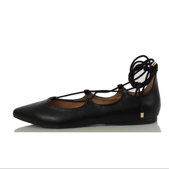 Black Pointy toe lace up ankle tie flat sandal - Picture 2 of 4